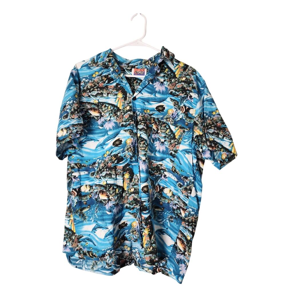 Vintage D'em Crazy Hawaiian Shirt Size‎ Large Blue Ocean Fish Print Button Front